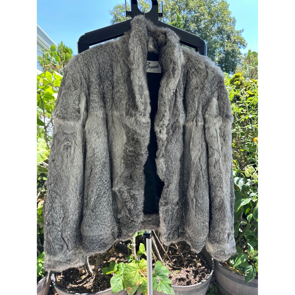 Berman's Vintage Natural Rabbit Fur Jacket Grey White Salt Pepper Women Large